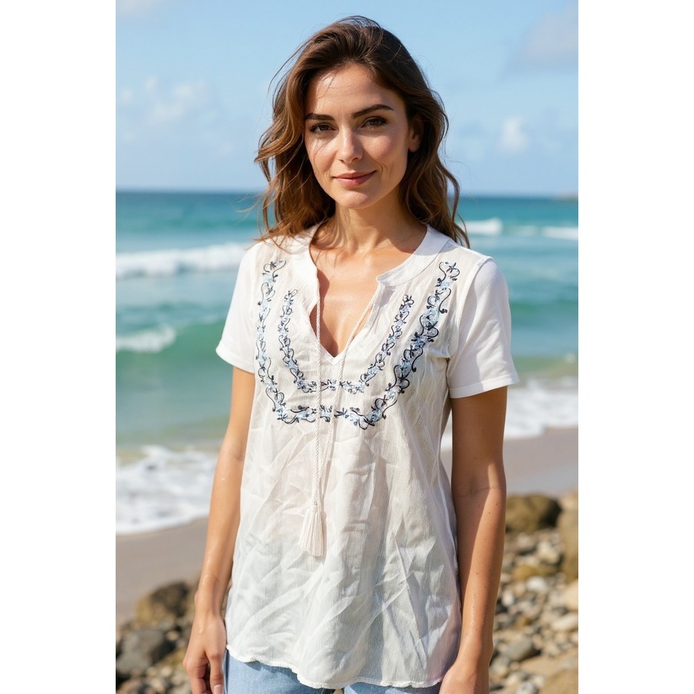 By Design White‎ Embroidered Tunic Top Sleeveless Blouse Womens L